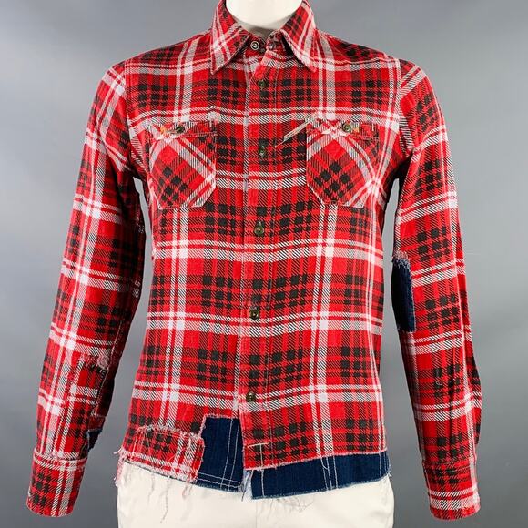 HOLLYWOOD TRADING CO L Red Black White Plaid Distressed Cotton Long Sleeve Shirt - Picture 1 of 6